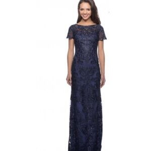 Elegant Navy Lace Evening Gown